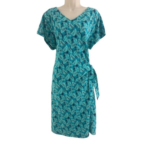 Lands' End Green Palm Print Side-Tie V-Neck Cotton Dress Size 2X 20W-22W Plus - Picture 1 of 8